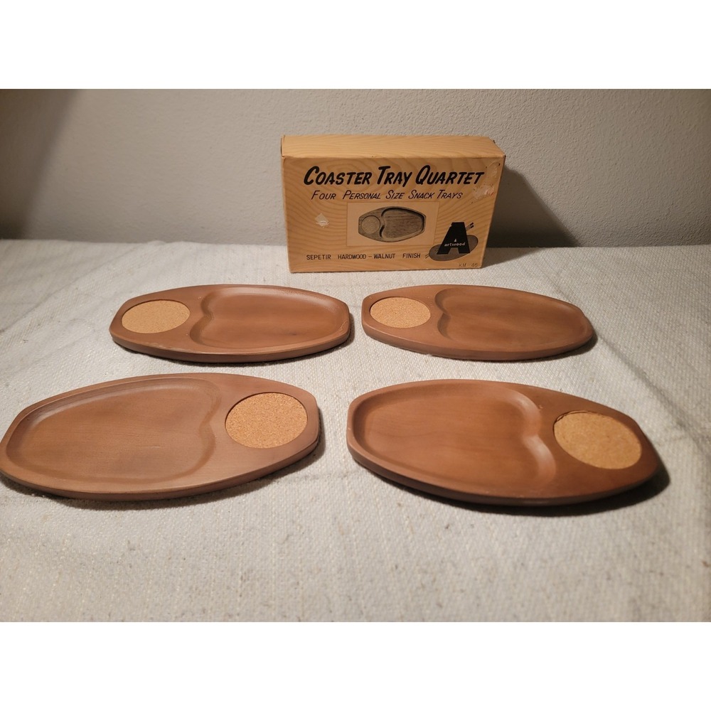 Coaster Tray Quartet 4 Trays Original Box Artwood Snack Trays Walnut Finish